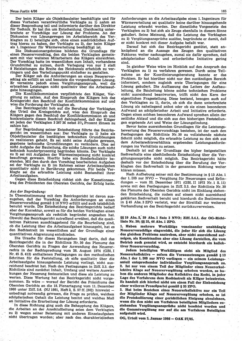 Neue Justiz (NJ), Zeitschrift für sozialistisches Recht und Gesetzlichkeit [Deutsche Demokratische Republik (DDR)], 40. Jahrgang 1986, Seite 165 (NJ DDR 1986, S. 165)
