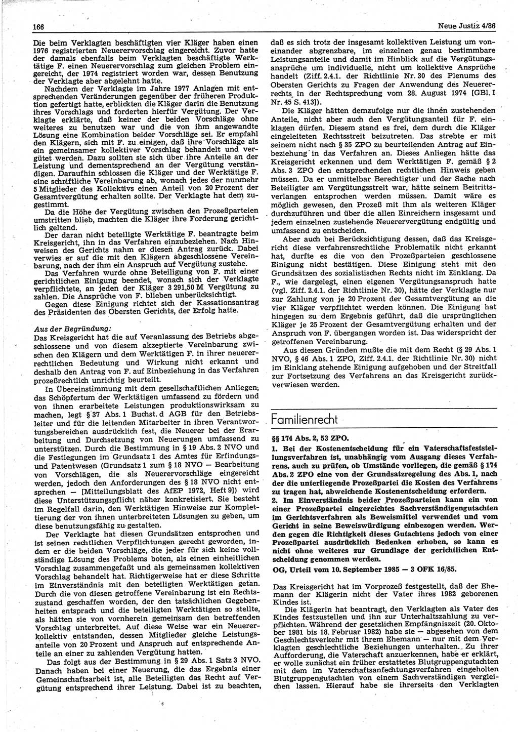 Neue Justiz (NJ), Zeitschrift für sozialistisches Recht und Gesetzlichkeit [Deutsche Demokratische Republik (DDR)], 40. Jahrgang 1986, Seite 166 (NJ DDR 1986, S. 166)
