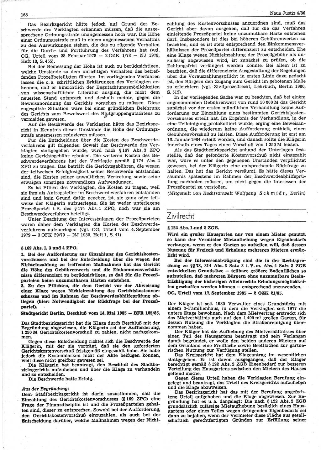 Neue Justiz (NJ), Zeitschrift für sozialistisches Recht und Gesetzlichkeit [Deutsche Demokratische Republik (DDR)], 40. Jahrgang 1986, Seite 168 (NJ DDR 1986, S. 168)