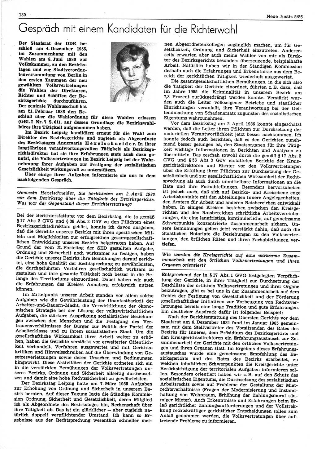 Neue Justiz (NJ), Zeitschrift für sozialistisches Recht und Gesetzlichkeit [Deutsche Demokratische Republik (DDR)], 40. Jahrgang 1986, Seite 180 (NJ DDR 1986, S. 180)
