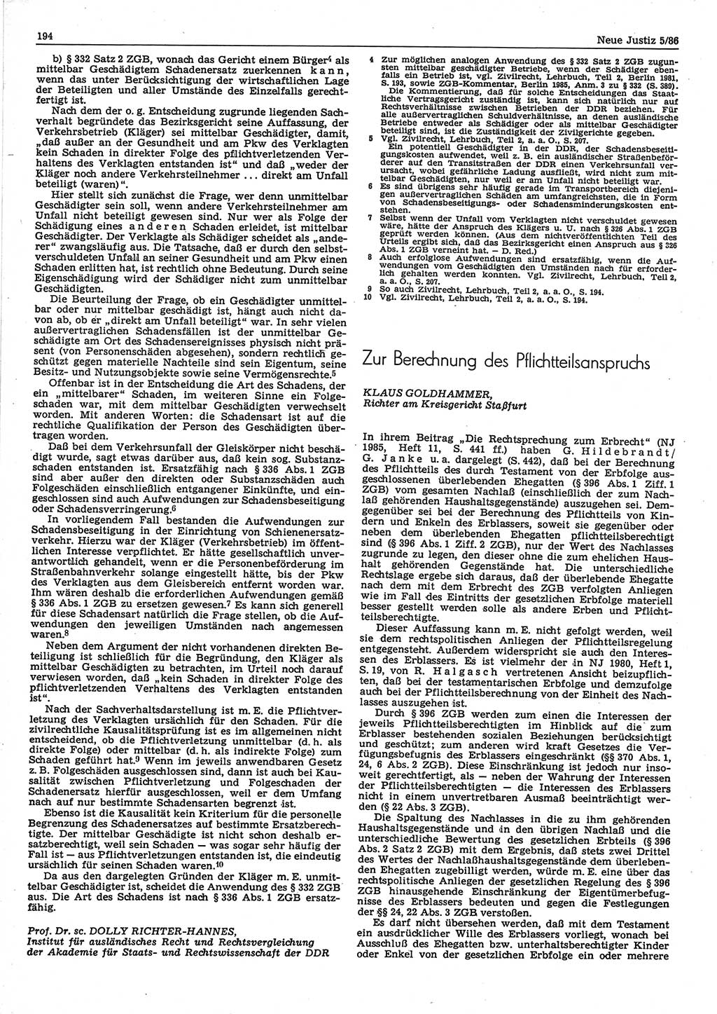 Neue Justiz (NJ), Zeitschrift für sozialistisches Recht und Gesetzlichkeit [Deutsche Demokratische Republik (DDR)], 40. Jahrgang 1986, Seite 194 (NJ DDR 1986, S. 194)
