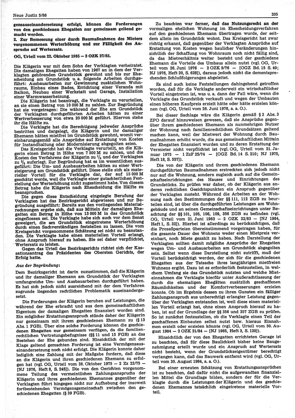 Neue Justiz (NJ), Zeitschrift für sozialistisches Recht und Gesetzlichkeit [Deutsche Demokratische Republik (DDR)], 40. Jahrgang 1986, Seite 205 (NJ DDR 1986, S. 205)
