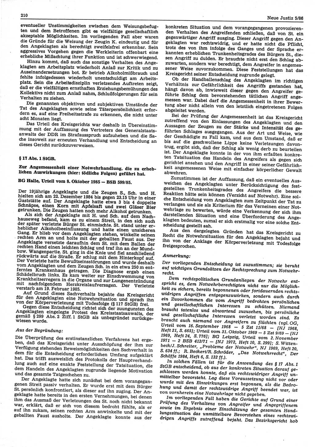 Neue Justiz (NJ), Zeitschrift für sozialistisches Recht und Gesetzlichkeit [Deutsche Demokratische Republik (DDR)], 40. Jahrgang 1986, Seite 210 (NJ DDR 1986, S. 210)