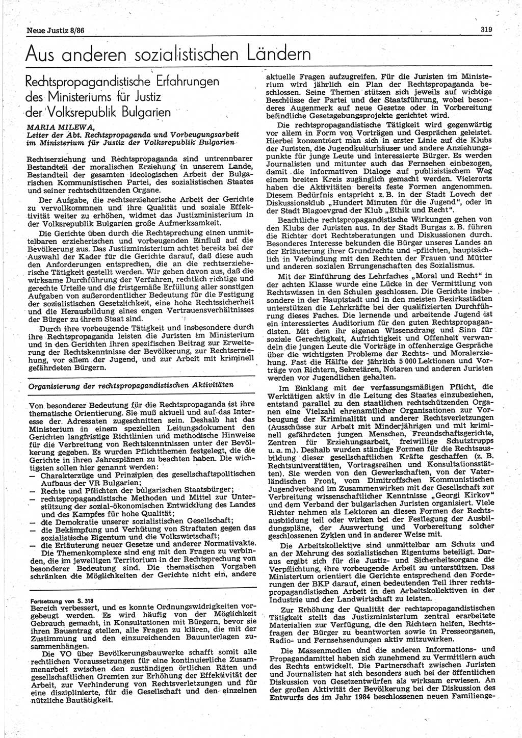 Neue Justiz (NJ), Zeitschrift für sozialistisches Recht und Gesetzlichkeit [Deutsche Demokratische Republik (DDR)], 40. Jahrgang 1986, Seite 319 (NJ DDR 1986, S. 319)