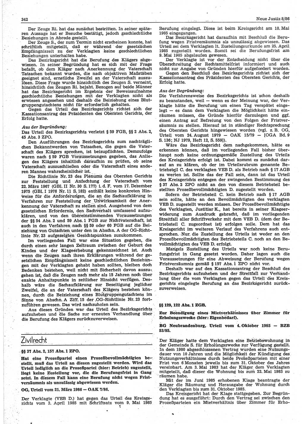 Neue Justiz (NJ), Zeitschrift für sozialistisches Recht und Gesetzlichkeit [Deutsche Demokratische Republik (DDR)], 40. Jahrgang 1986, Seite 342 (NJ DDR 1986, S. 342)