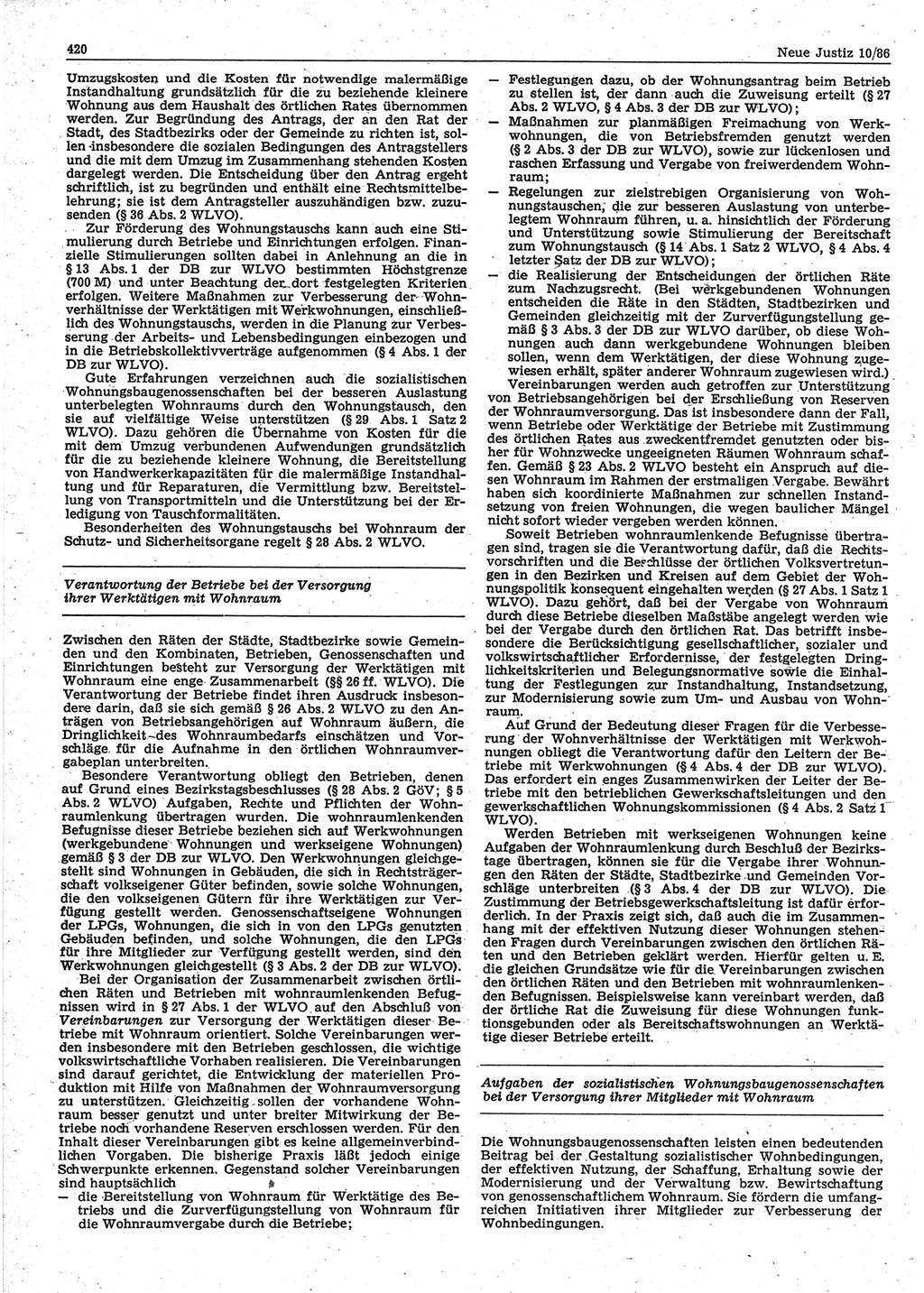 Neue Justiz (NJ), Zeitschrift für sozialistisches Recht und Gesetzlichkeit [Deutsche Demokratische Republik (DDR)], 40. Jahrgang 1986, Seite 420 (NJ DDR 1986, S. 420)