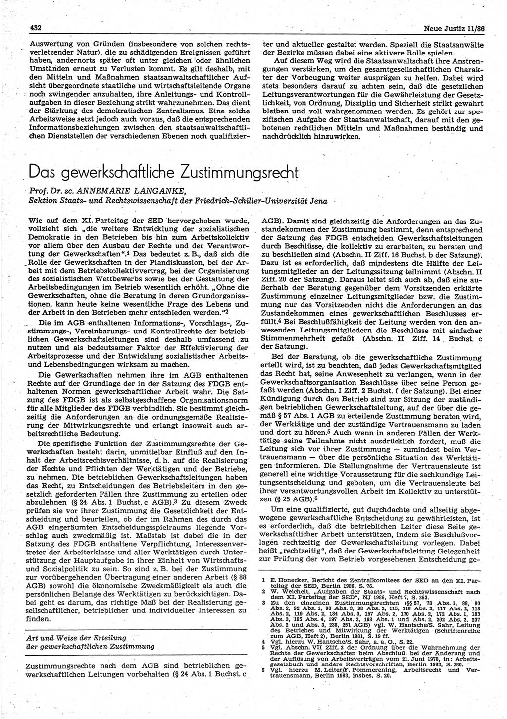Neue Justiz (NJ), Zeitschrift für sozialistisches Recht und Gesetzlichkeit [Deutsche Demokratische Republik (DDR)], 40. Jahrgang 1986, Seite 432 (NJ DDR 1986, S. 432)