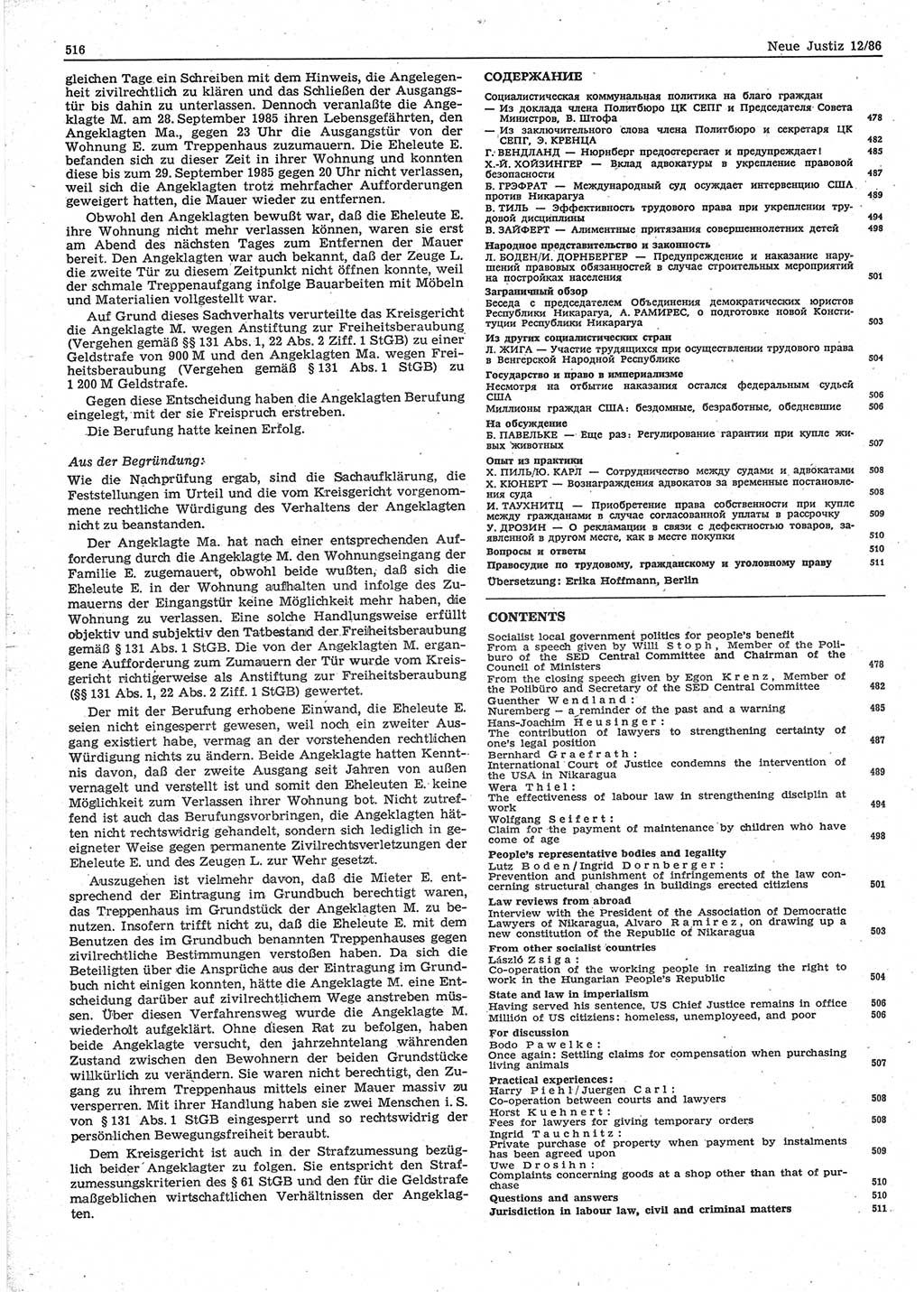 Neue Justiz (NJ), Zeitschrift für sozialistisches Recht und Gesetzlichkeit [Deutsche Demokratische Republik (DDR)], 40. Jahrgang 1986, Seite 516 (NJ DDR 1986, S. 516)