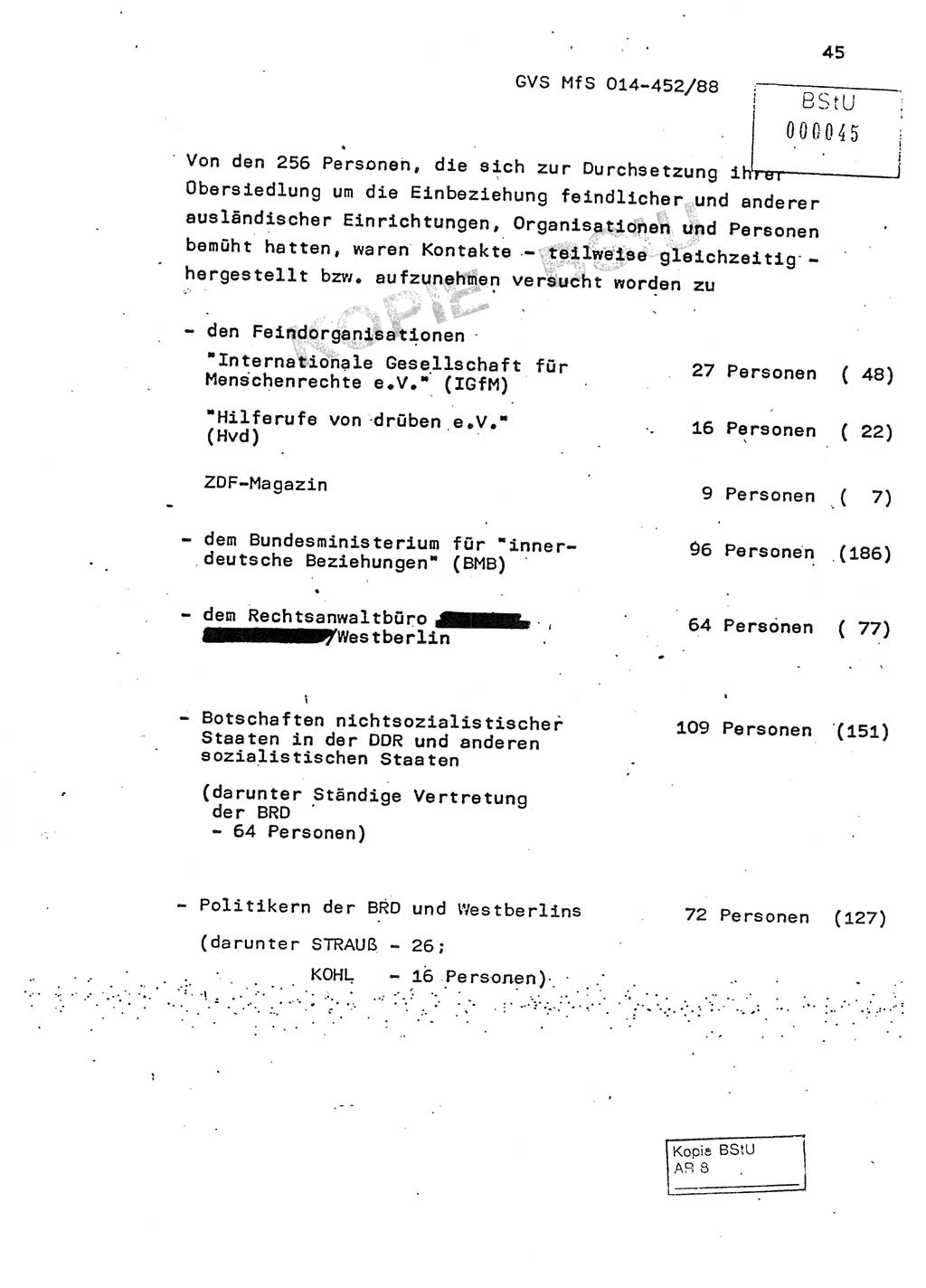 Jahresbericht der Hauptabteilung (HA) Ⅸ 1987, Einschätzung der Wirksamkeit der Untersuchungsarbeit im Jahre 1987, Ministerium für Staatssicherheit (MfS) der Deutschen Demokratischen Republik (DDR), Hauptabteilung Ⅸ, Geheime Verschlußsache (GVS) o014-452/88, Berlin 1988, Seite 45 (Einsch. MfS DDR HA Ⅸ GVS o014-452/88 1987, S. 45)