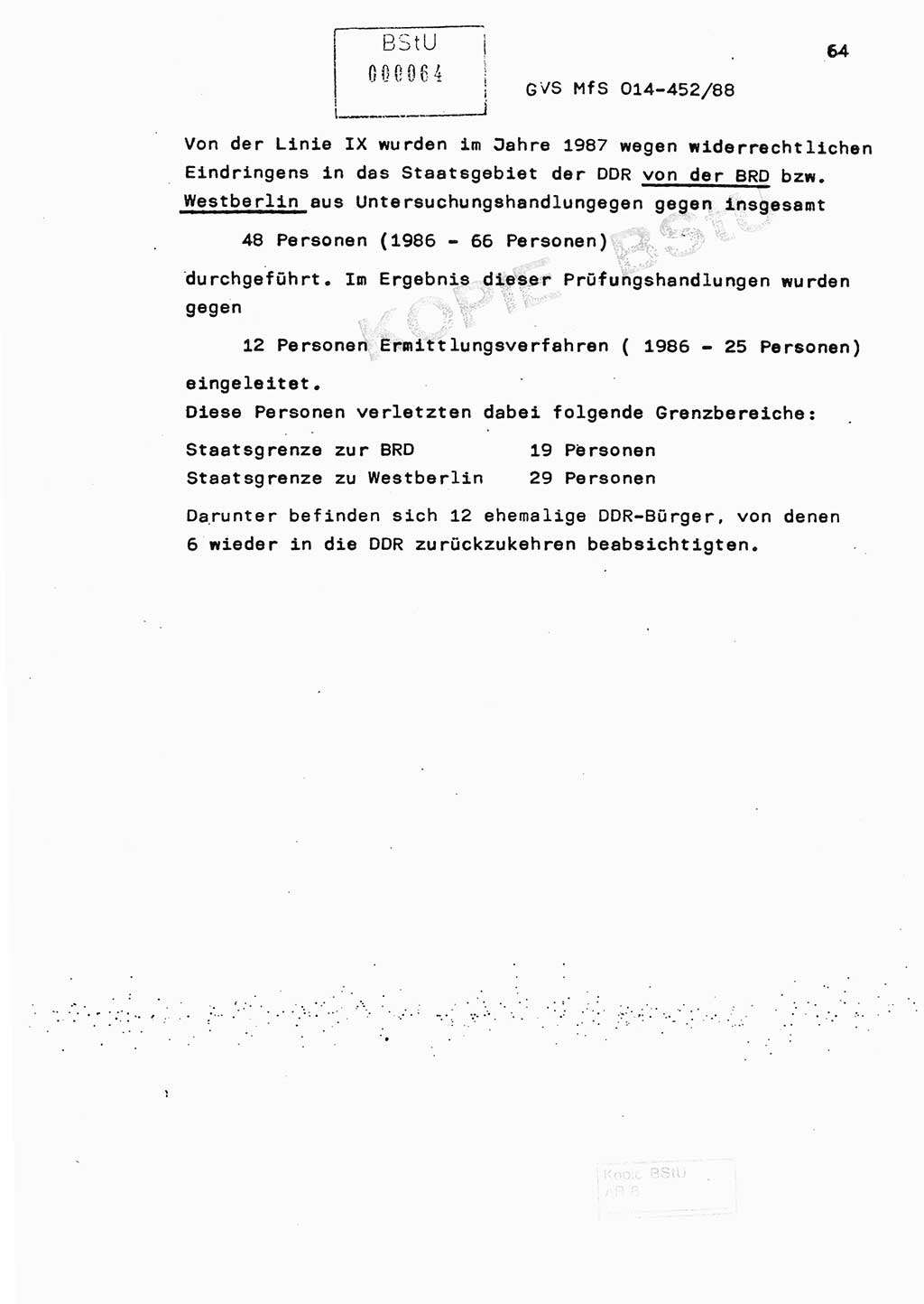 Jahresbericht der Hauptabteilung (HA) Ⅸ 1987, Einschätzung der Wirksamkeit der Untersuchungsarbeit im Jahre 1987, Ministerium für Staatssicherheit (MfS) der Deutschen Demokratischen Republik (DDR), Hauptabteilung Ⅸ, Geheime Verschlußsache (GVS) o014-452/88, Berlin 1988, Seite 64 (Einsch. MfS DDR HA Ⅸ GVS o014-452/88 1987, S. 64)