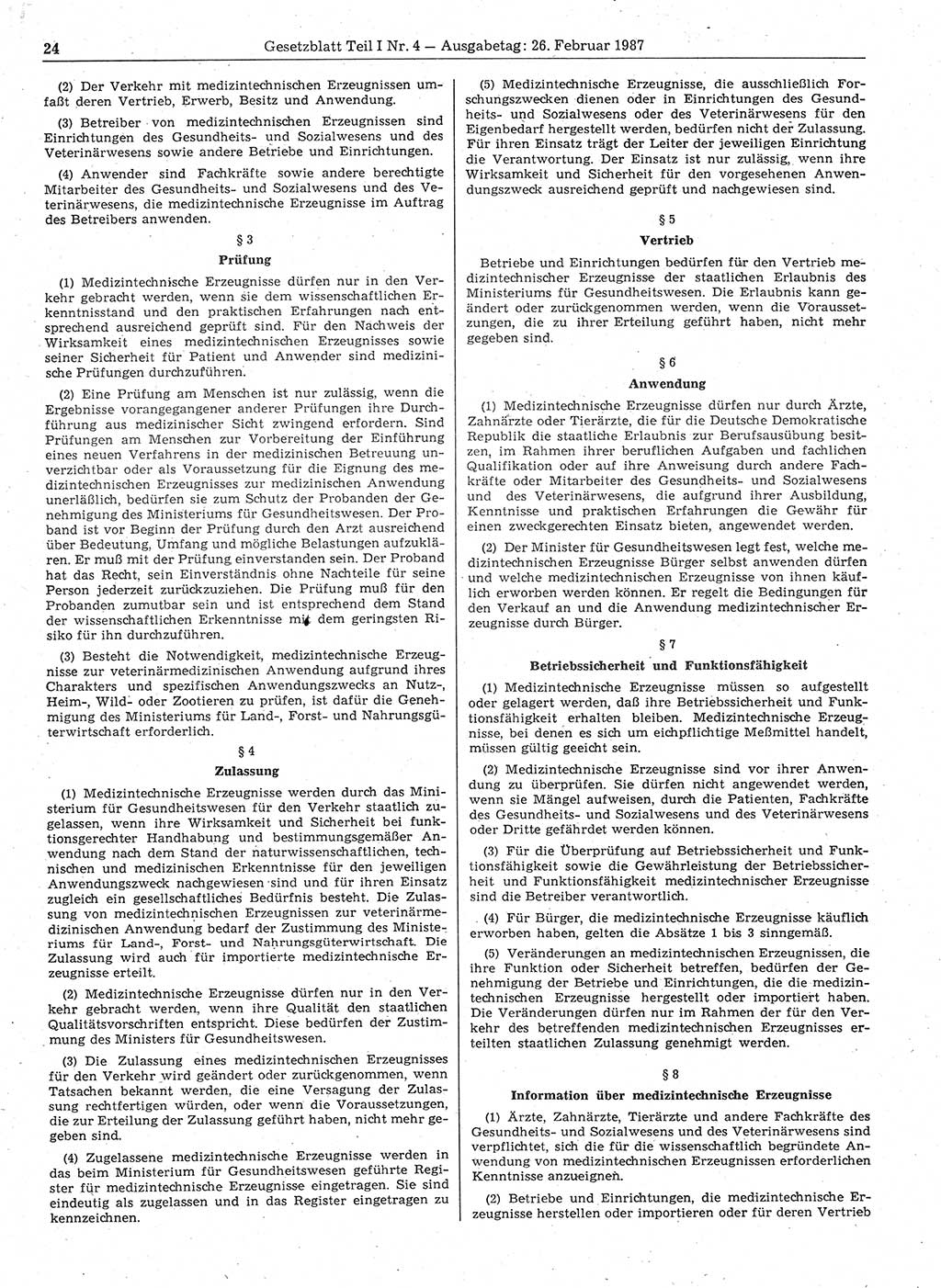Gesetzblatt (GBl.) der Deutschen Demokratischen Republik (DDR) Teil Ⅰ 1987, Seite 24 (GBl. DDR Ⅰ 1987, S. 24)