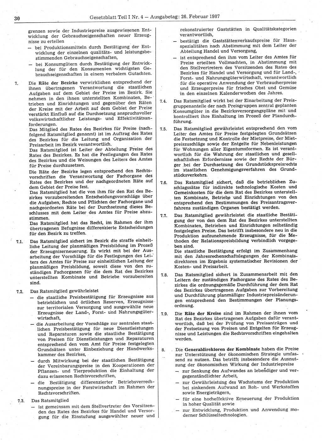 Gesetzblatt (GBl.) der Deutschen Demokratischen Republik (DDR) Teil Ⅰ 1987, Seite 30 (GBl. DDR Ⅰ 1987, S. 30)