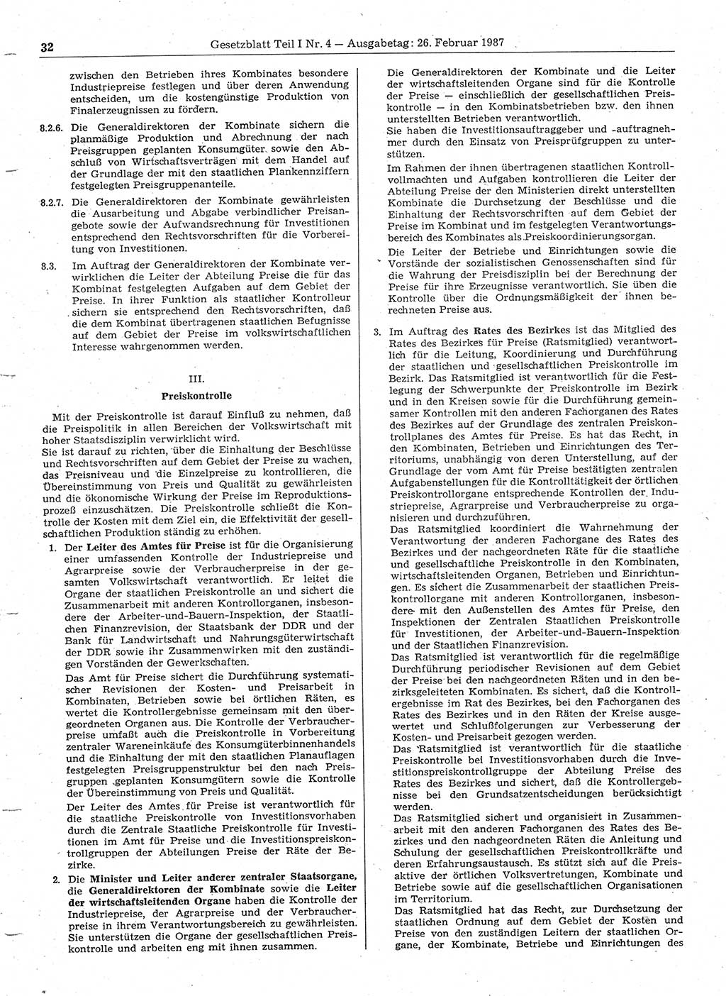 Gesetzblatt (GBl.) der Deutschen Demokratischen Republik (DDR) Teil Ⅰ 1987, Seite 32 (GBl. DDR Ⅰ 1987, S. 32)