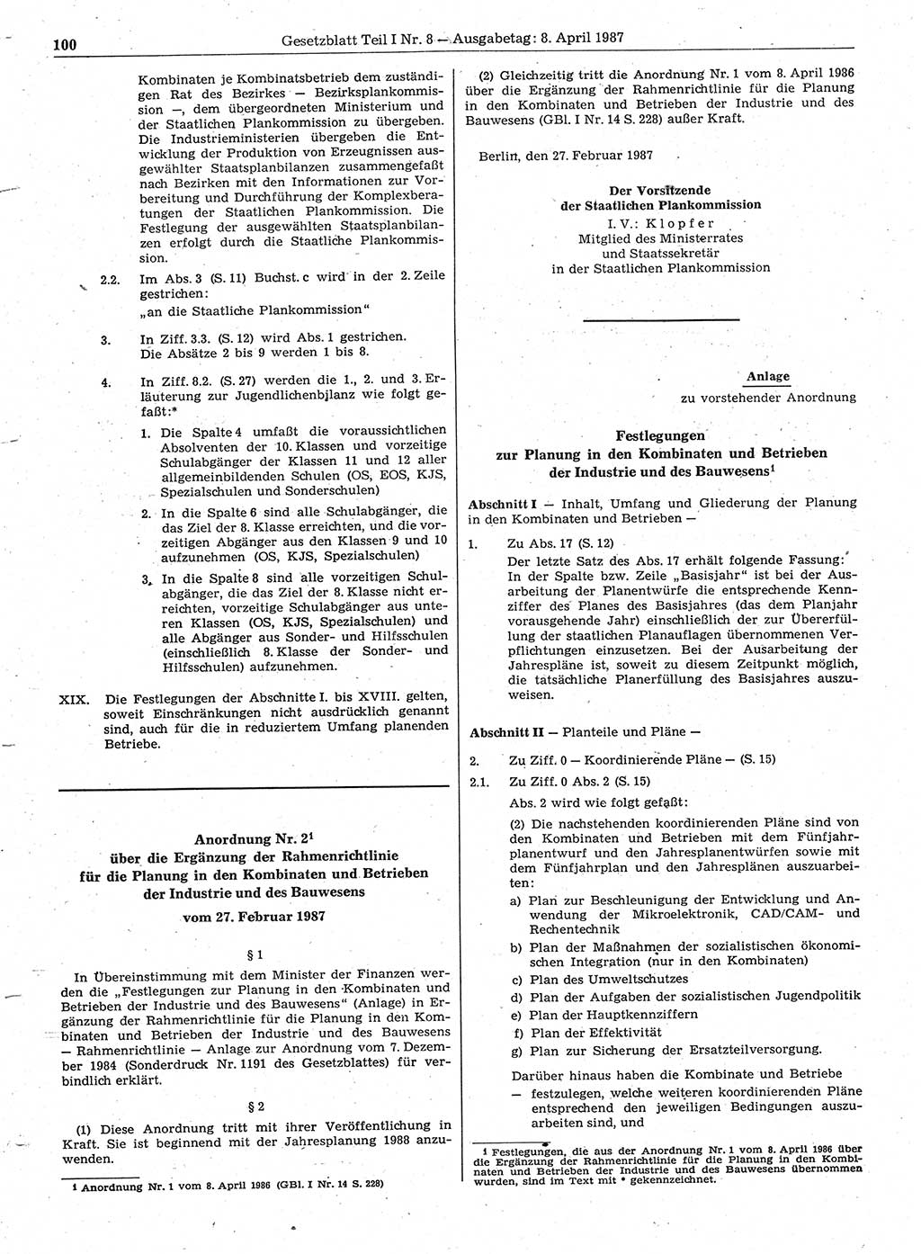 Gesetzblatt (GBl.) der Deutschen Demokratischen Republik (DDR) Teil Ⅰ 1987, Seite 100 (GBl. DDR Ⅰ 1987, S. 100)