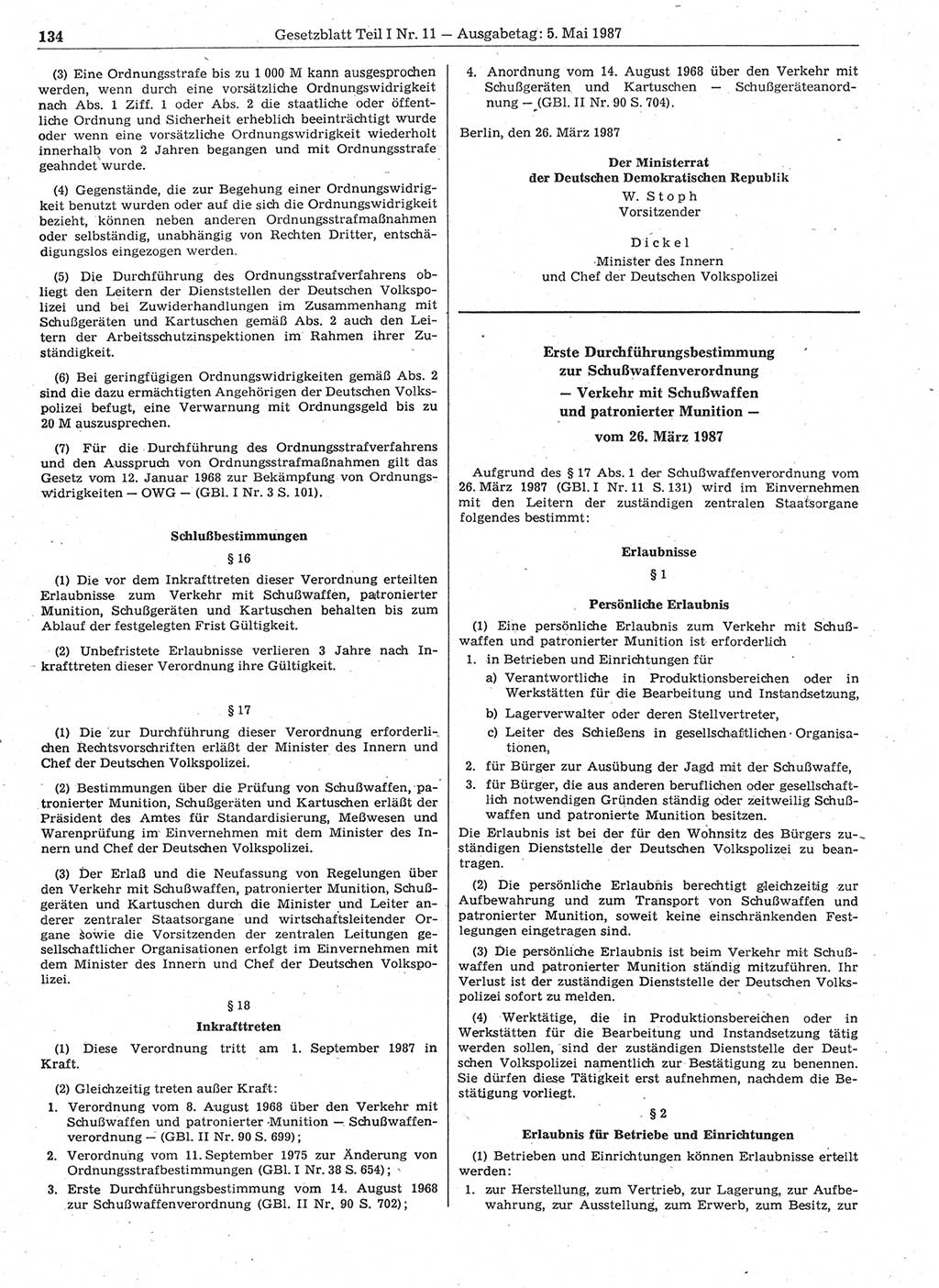Gesetzblatt (GBl.) der Deutschen Demokratischen Republik (DDR) Teil Ⅰ 1987, Seite 134 (GBl. DDR Ⅰ 1987, S. 134)