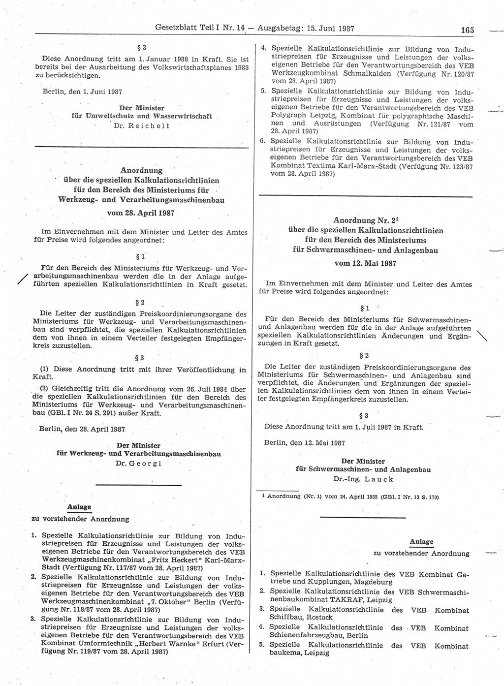 Gesetzblatt (GBl.) der Deutschen Demokratischen Republik (DDR) Teil Ⅰ 1987, Seite 165 (GBl. DDR Ⅰ 1987, S. 165)