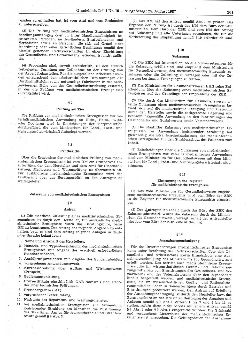 Gesetzblatt (GBl.) der Deutschen Demokratischen Republik (DDR) Teil Ⅰ 1987, Seite 201 (GBl. DDR Ⅰ 1987, S. 201)