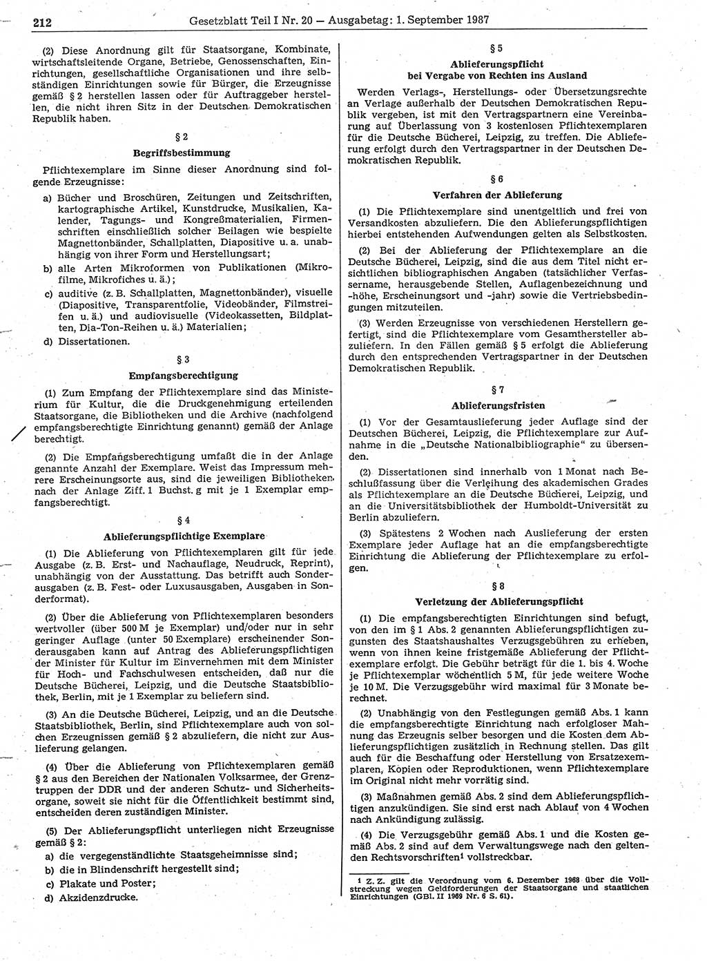 Gesetzblatt (GBl.) der Deutschen Demokratischen Republik (DDR) Teil Ⅰ 1987, Seite 212 (GBl. DDR Ⅰ 1987, S. 212)
