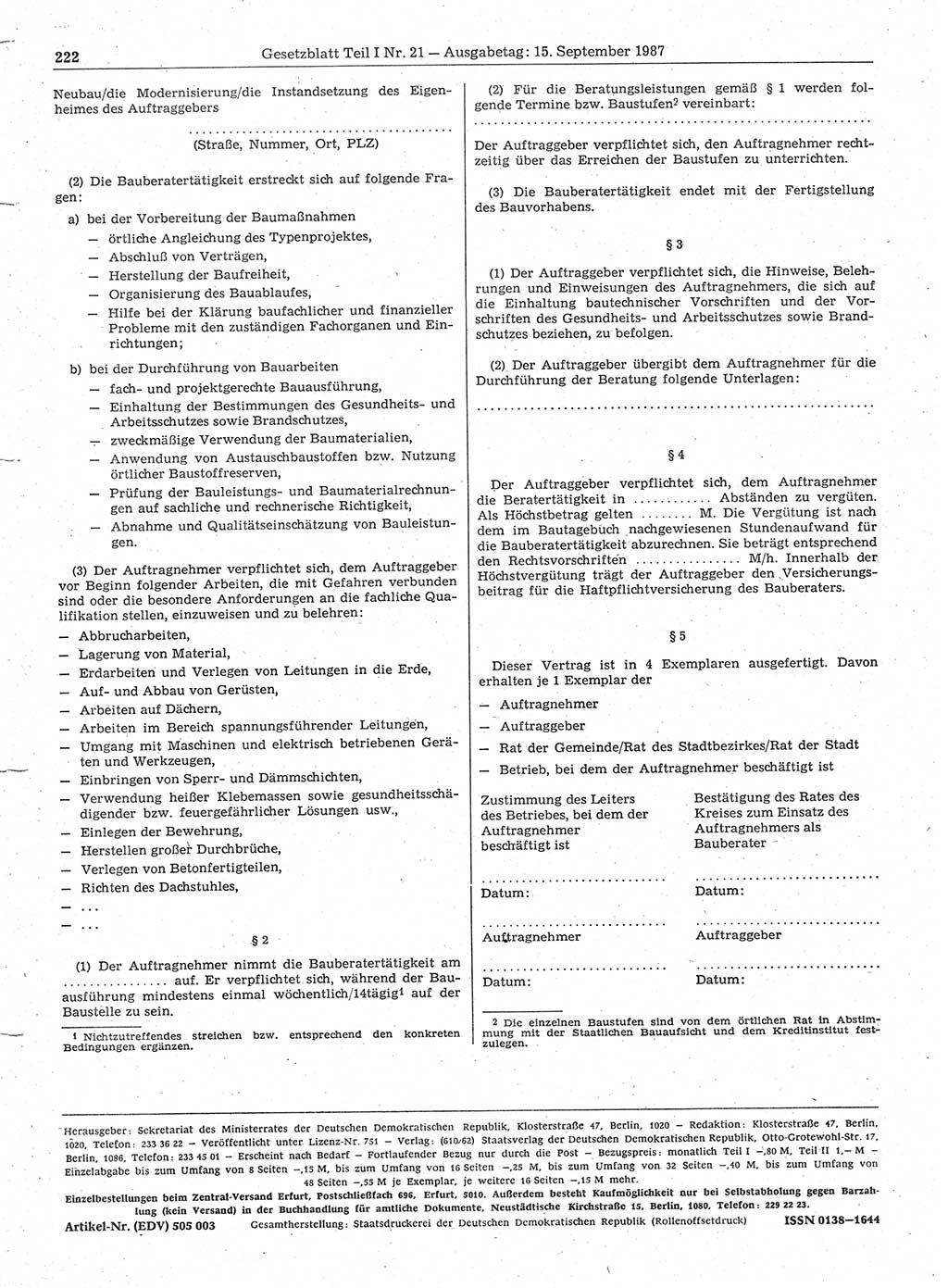 Gesetzblatt (GBl.) der Deutschen Demokratischen Republik (DDR) Teil Ⅰ 1987, Seite 222 (GBl. DDR Ⅰ 1987, S. 222)
