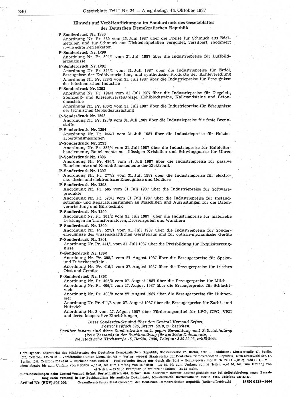 Gesetzblatt (GBl.) der Deutschen Demokratischen Republik (DDR) Teil Ⅰ 1987, Seite 240 (GBl. DDR Ⅰ 1987, S. 240)