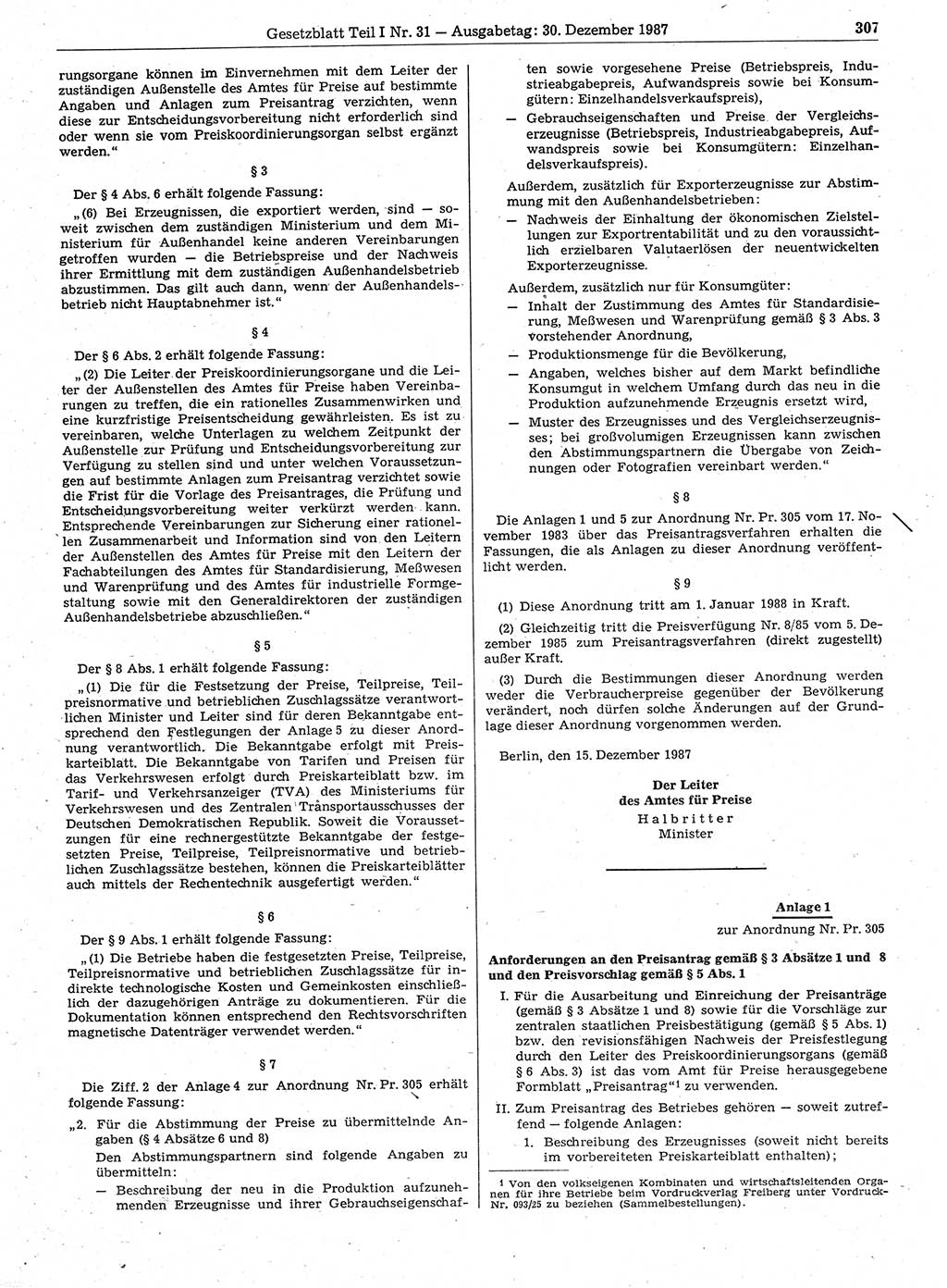Gesetzblatt (GBl.) der Deutschen Demokratischen Republik (DDR) Teil Ⅰ 1987, Seite 307 (GBl. DDR Ⅰ 1987, S. 307)