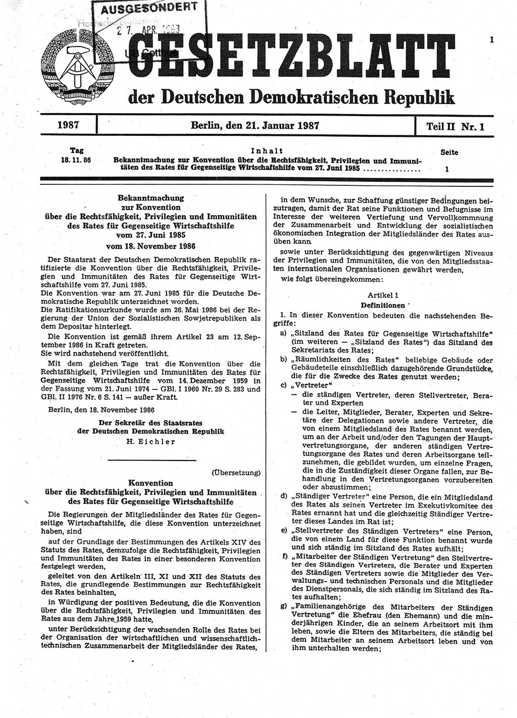 Gesetzblatt (GBl.) der Deutschen Demokratischen Republik (DDR) Teil ⅠⅠ 1987, Seite 1 (GBl. DDR ⅠⅠ 1987, S. 1)