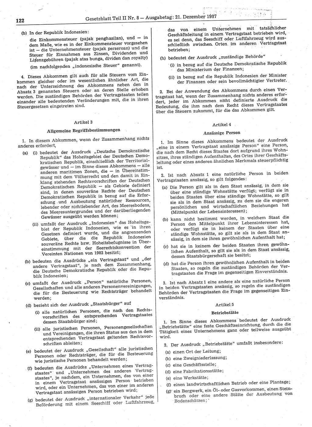 Gesetzblatt (GBl.) der Deutschen Demokratischen Republik (DDR) Teil ⅠⅠ 1987, Seite 122 (GBl. DDR ⅠⅠ 1987, S. 122)