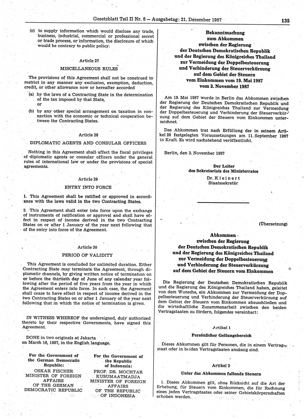 Gesetzblatt (GBl.) der Deutschen Demokratischen Republik (DDR) Teil ⅠⅠ 1987, Seite 135 (GBl. DDR ⅠⅠ 1987, S. 135)