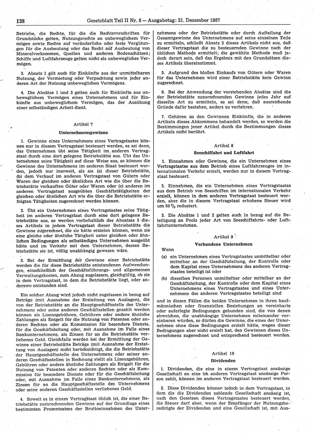 Gesetzblatt (GBl.) der Deutschen Demokratischen Republik (DDR) Teil ⅠⅠ 1987, Seite 138 (GBl. DDR ⅠⅠ 1987, S. 138)