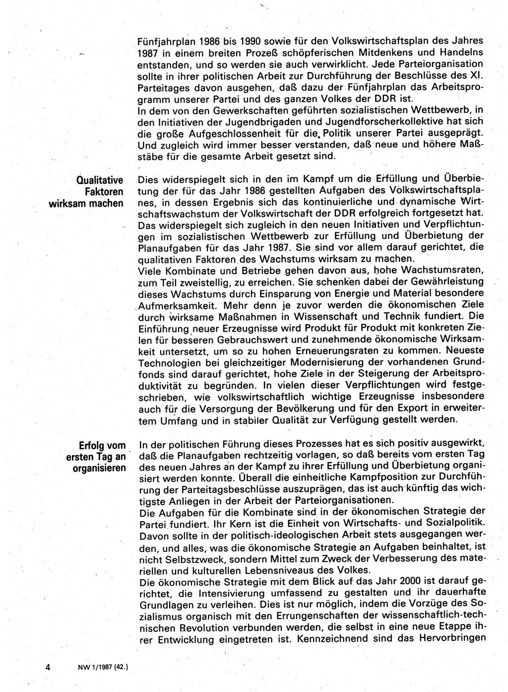 Neuer Weg (NW), Organ des Zentralkomitees (ZK) der SED (Sozialistische Einheitspartei Deutschlands) für Fragen des Parteilebens, 42. Jahrgang [Deutsche Demokratische Republik (DDR)] 1987, Seite 4 (NW ZK SED DDR 1987, S. 4)