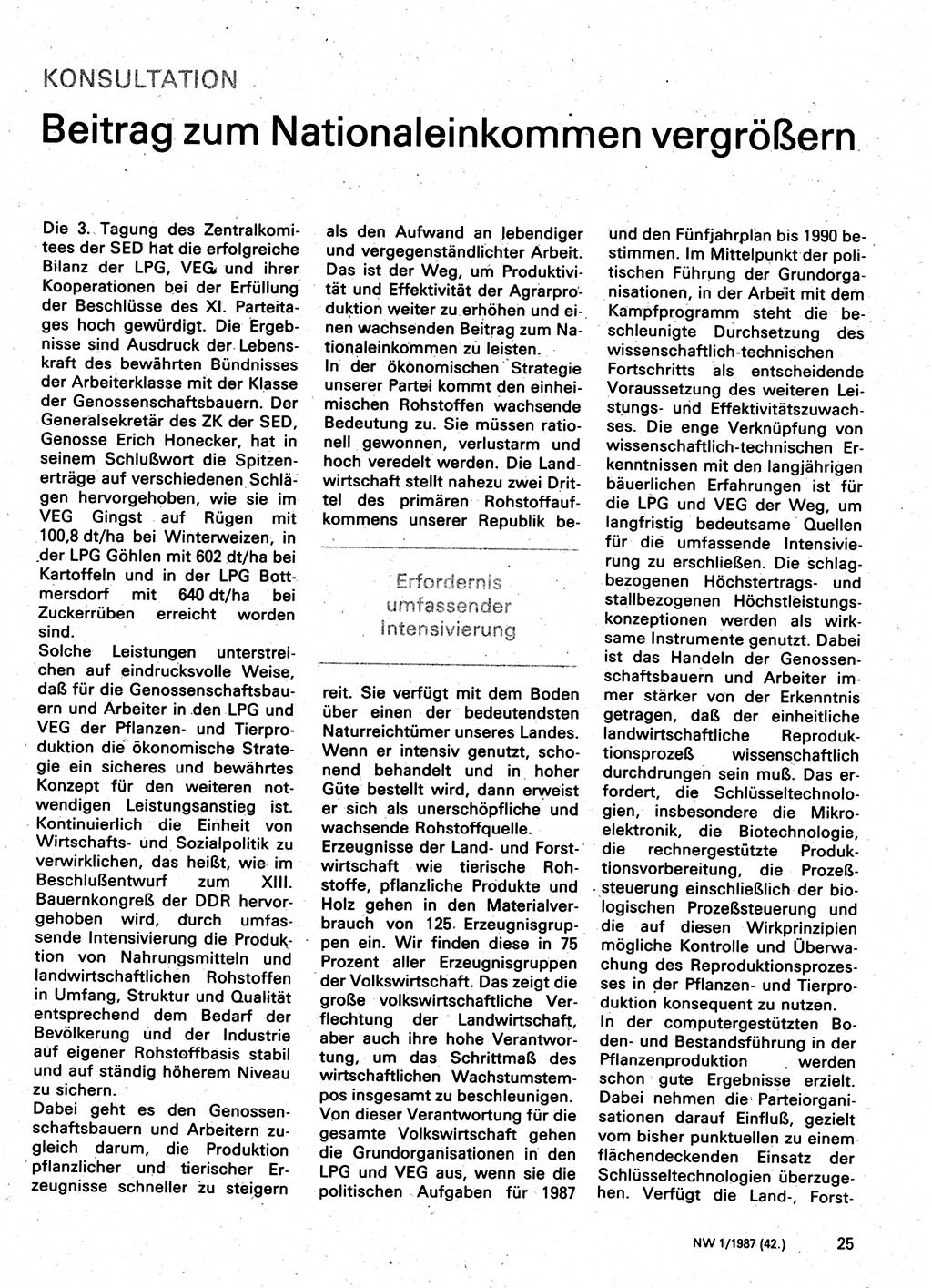 Neuer Weg (NW), Organ des Zentralkomitees (ZK) der SED (Sozialistische Einheitspartei Deutschlands) für Fragen des Parteilebens, 42. Jahrgang [Deutsche Demokratische Republik (DDR)] 1987, Seite 25 (NW ZK SED DDR 1987, S. 25)