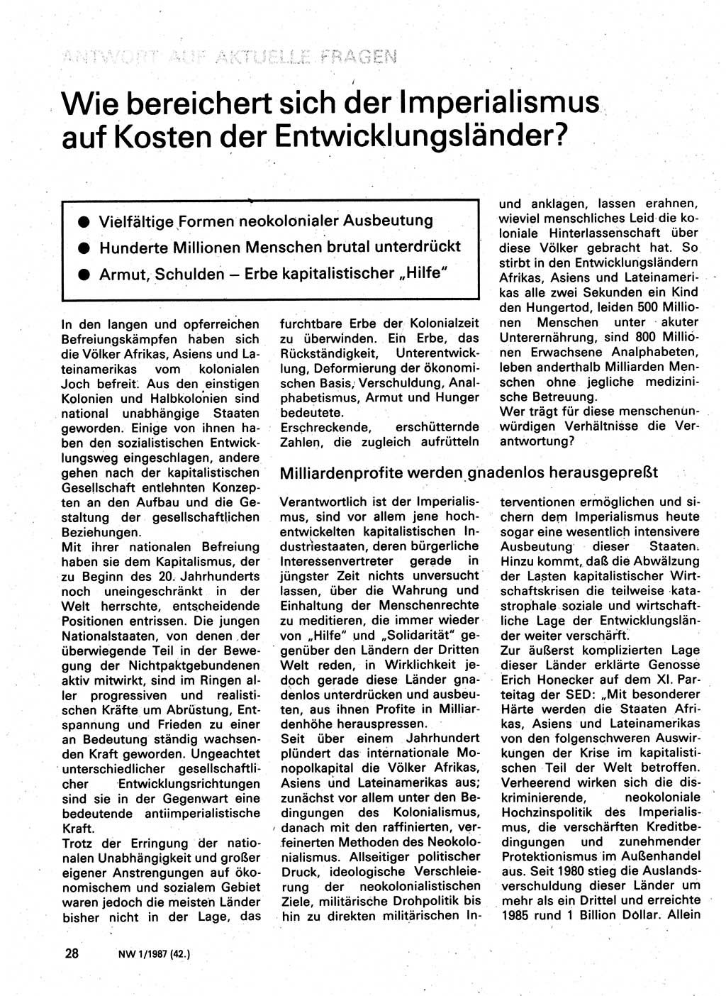 Neuer Weg (NW), Organ des Zentralkomitees (ZK) der SED (Sozialistische Einheitspartei Deutschlands) für Fragen des Parteilebens, 42. Jahrgang [Deutsche Demokratische Republik (DDR)] 1987, Seite 28 (NW ZK SED DDR 1987, S. 28)