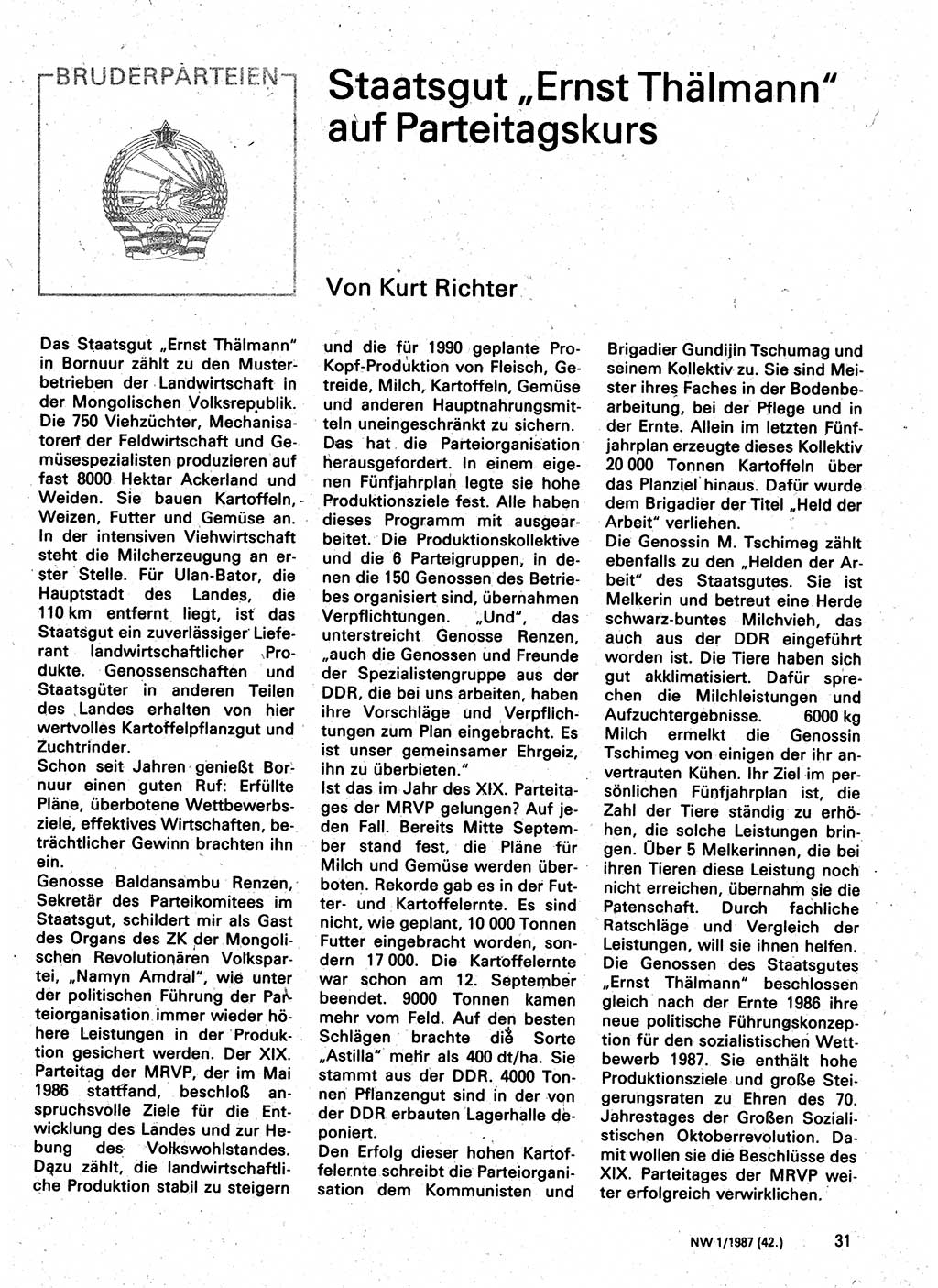 Neuer Weg (NW), Organ des Zentralkomitees (ZK) der SED (Sozialistische Einheitspartei Deutschlands) für Fragen des Parteilebens, 42. Jahrgang [Deutsche Demokratische Republik (DDR)] 1987, Seite 31 (NW ZK SED DDR 1987, S. 31)