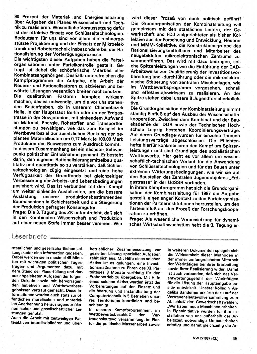 Neuer Weg (NW), Organ des Zentralkomitees (ZK) der SED (Sozialistische Einheitspartei Deutschlands) für Fragen des Parteilebens, 42. Jahrgang [Deutsche Demokratische Republik (DDR)] 1987, Seite 45 (NW ZK SED DDR 1987, S. 45)