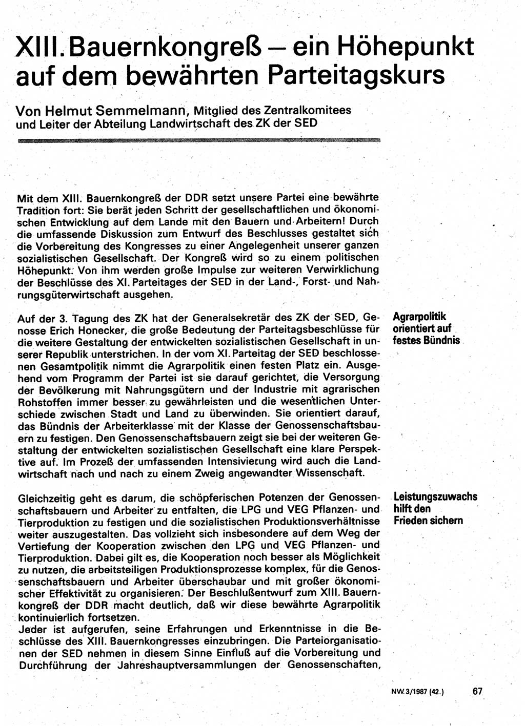 Neuer Weg (NW), Organ des Zentralkomitees (ZK) der SED (Sozialistische Einheitspartei Deutschlands) für Fragen des Parteilebens, 42. Jahrgang [Deutsche Demokratische Republik (DDR)] 1987, Seite 67 (NW ZK SED DDR 1987, S. 67)