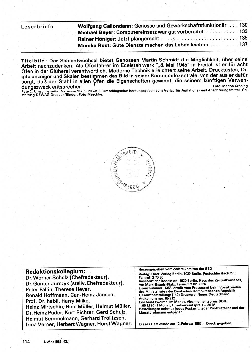 Neuer Weg (NW), Organ des Zentralkomitees (ZK) der SED (Sozialistische Einheitspartei Deutschlands) für Fragen des Parteilebens, 42. Jahrgang [Deutsche Demokratische Republik (DDR)] 1987, Seite 114 (NW ZK SED DDR 1987, S. 114)