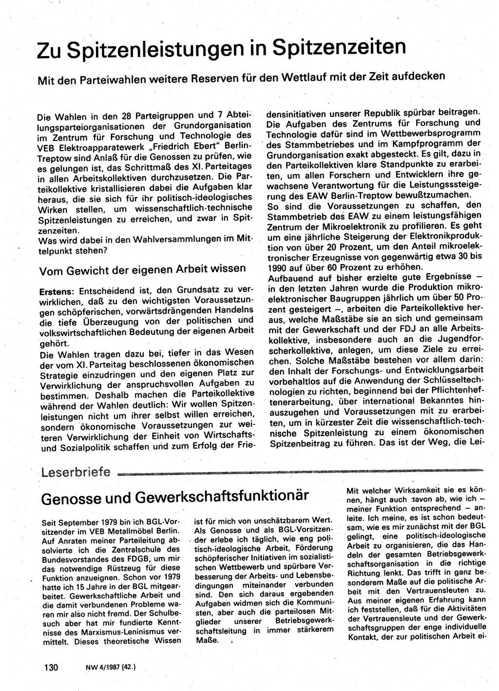 Neuer Weg (NW), Organ des Zentralkomitees (ZK) der SED (Sozialistische Einheitspartei Deutschlands) für Fragen des Parteilebens, 42. Jahrgang [Deutsche Demokratische Republik (DDR)] 1987, Seite 130 (NW ZK SED DDR 1987, S. 130)