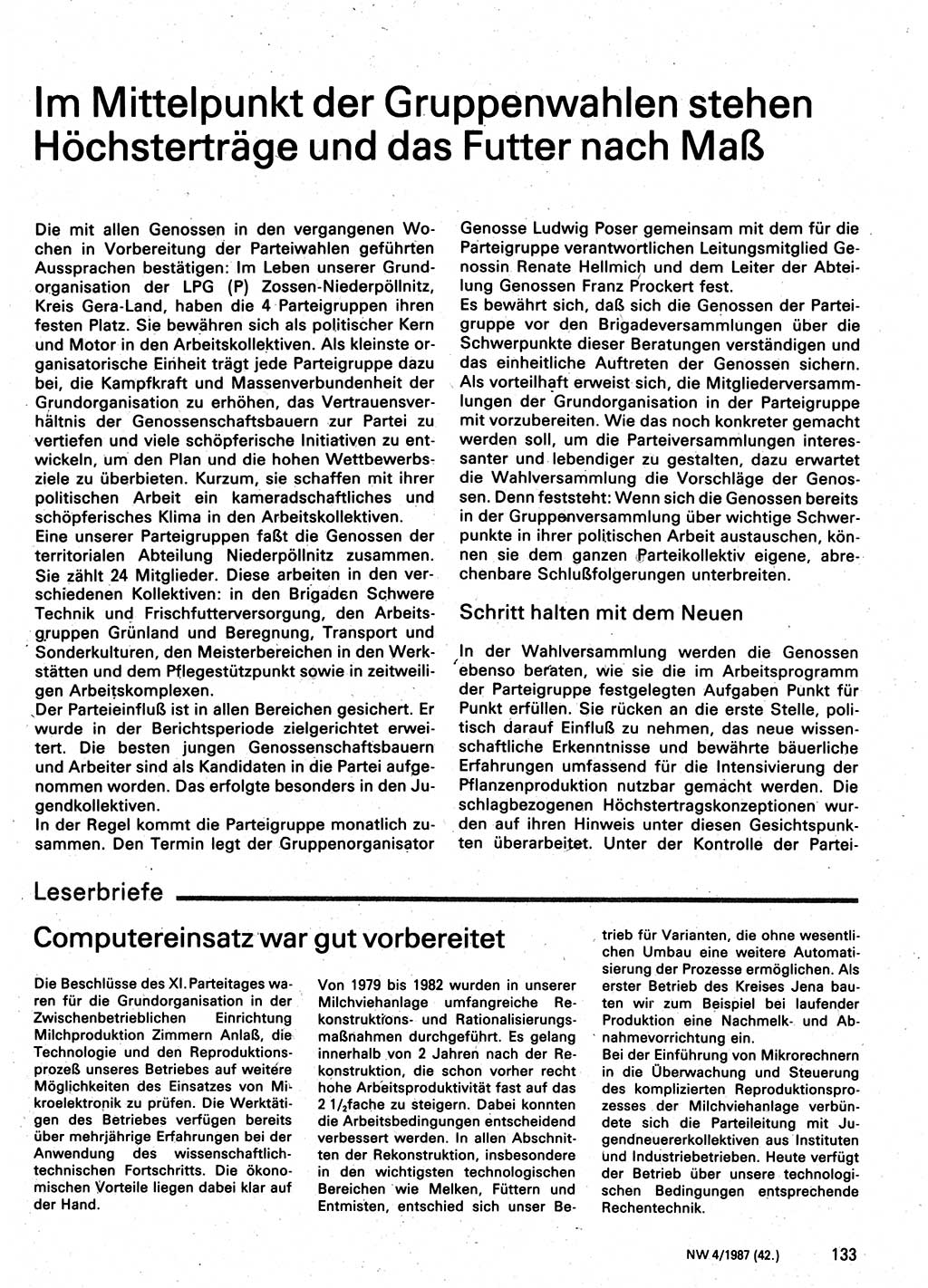 Neuer Weg (NW), Organ des Zentralkomitees (ZK) der SED (Sozialistische Einheitspartei Deutschlands) für Fragen des Parteilebens, 42. Jahrgang [Deutsche Demokratische Republik (DDR)] 1987, Seite 133 (NW ZK SED DDR 1987, S. 133)