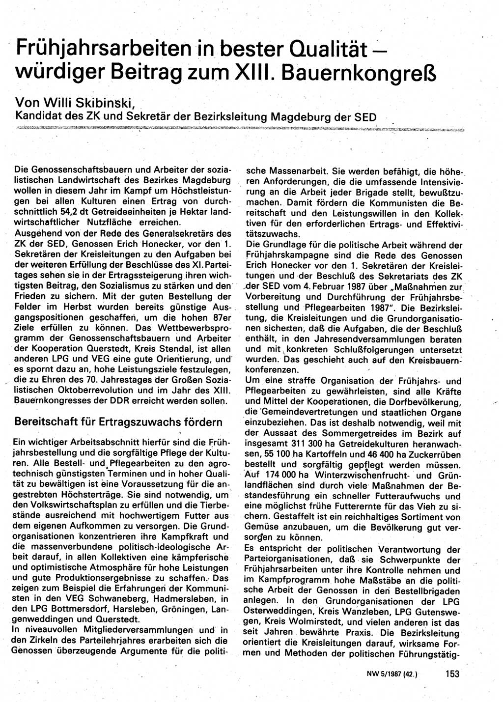 Neuer Weg (NW), Organ des Zentralkomitees (ZK) der SED (Sozialistische Einheitspartei Deutschlands) für Fragen des Parteilebens, 42. Jahrgang [Deutsche Demokratische Republik (DDR)] 1987, Seite 153 (NW ZK SED DDR 1987, S. 153)