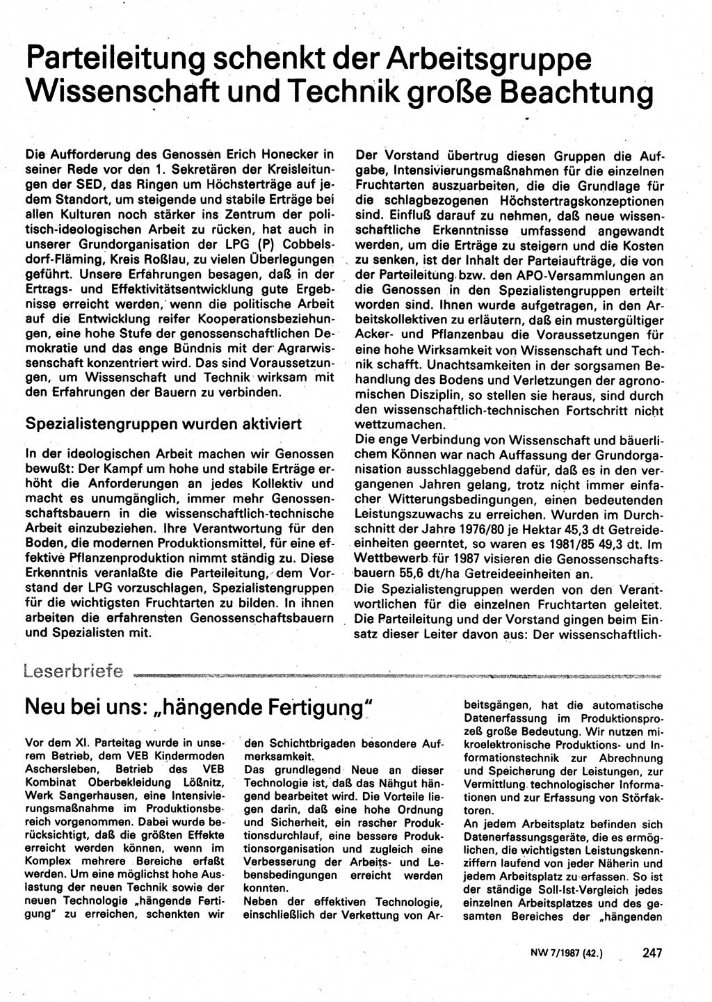 Neuer Weg (NW), Organ des Zentralkomitees (ZK) der SED (Sozialistische Einheitspartei Deutschlands) für Fragen des Parteilebens, 42. Jahrgang [Deutsche Demokratische Republik (DDR)] 1987, Seite 247 (NW ZK SED DDR 1987, S. 247)
