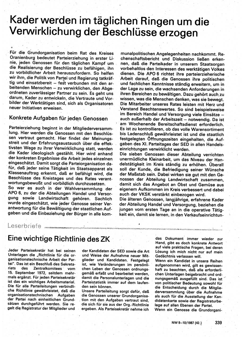 Neuer Weg (NW), Organ des Zentralkomitees (ZK) der SED (Sozialistische Einheitspartei Deutschlands) für Fragen des Parteilebens, 42. Jahrgang [Deutsche Demokratische Republik (DDR)] 1987, Seite 339 (NW ZK SED DDR 1987, S. 339)