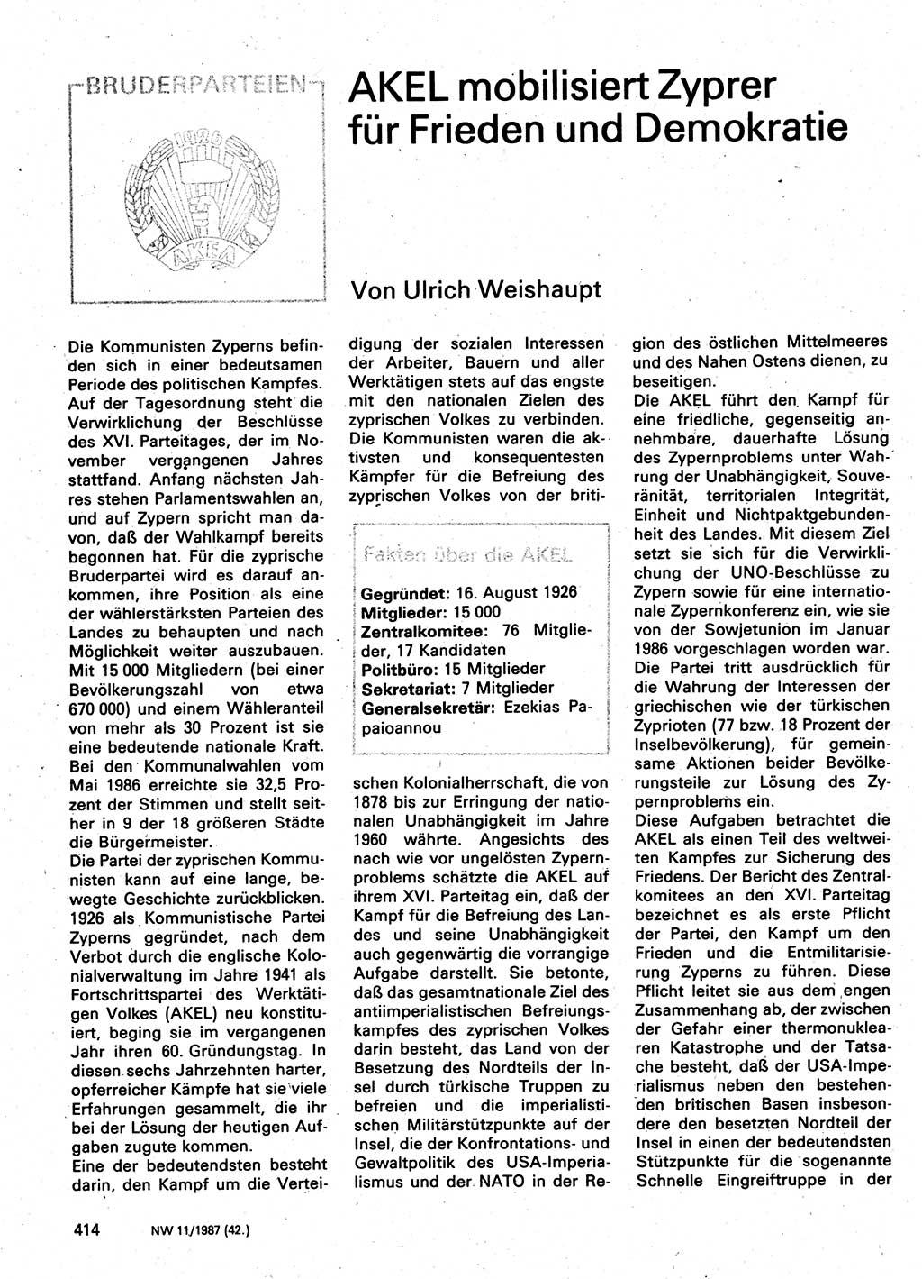 Neuer Weg (NW), Organ des Zentralkomitees (ZK) der SED (Sozialistische Einheitspartei Deutschlands) für Fragen des Parteilebens, 42. Jahrgang [Deutsche Demokratische Republik (DDR)] 1987, Seite 414 (NW ZK SED DDR 1987, S. 414)