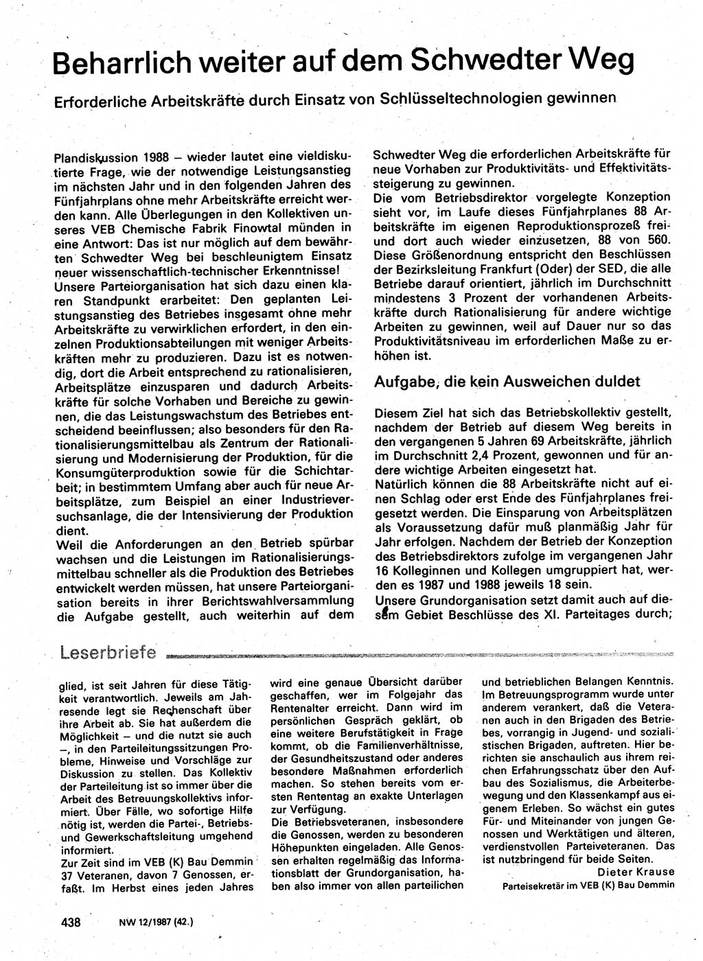 Neuer Weg (NW), Organ des Zentralkomitees (ZK) der SED (Sozialistische Einheitspartei Deutschlands) für Fragen des Parteilebens, 42. Jahrgang [Deutsche Demokratische Republik (DDR)] 1987, Seite 427 (NW ZK SED DDR 1987, S. 427)