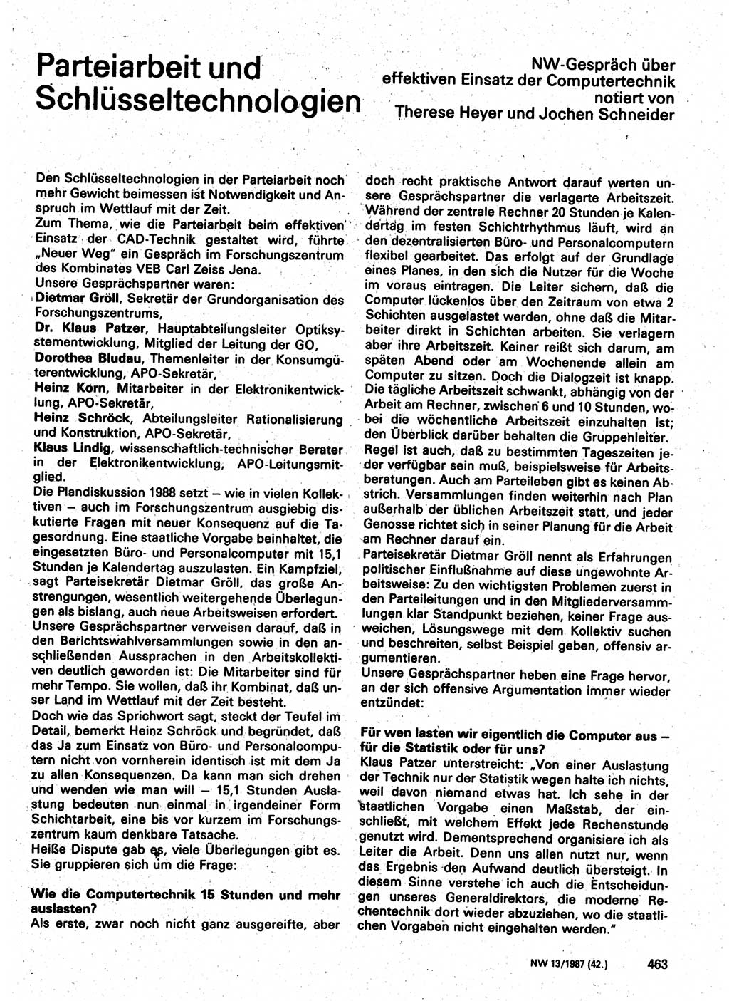 Neuer Weg (NW), Organ des Zentralkomitees (ZK) der SED (Sozialistische Einheitspartei Deutschlands) für Fragen des Parteilebens, 42. Jahrgang [Deutsche Demokratische Republik (DDR)] 1987, Seite 463 (NW ZK SED DDR 1987, S. 463)