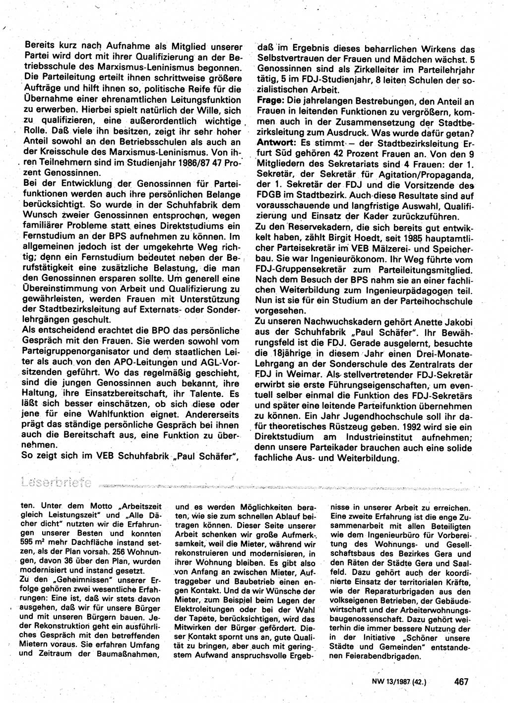 Neuer Weg (NW), Organ des Zentralkomitees (ZK) der SED (Sozialistische Einheitspartei Deutschlands) für Fragen des Parteilebens, 42. Jahrgang [Deutsche Demokratische Republik (DDR)] 1987, Seite 467 (NW ZK SED DDR 1987, S. 467)
