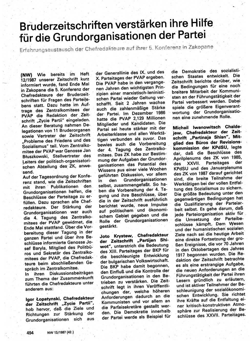 Neuer Weg (NW), Organ des Zentralkomitees (ZK) der SED (Sozialistische Einheitspartei Deutschlands) für Fragen des Parteilebens, 42. Jahrgang [Deutsche Demokratische Republik (DDR)] 1987, Seite 494 (NW ZK SED DDR 1987, S. 494)