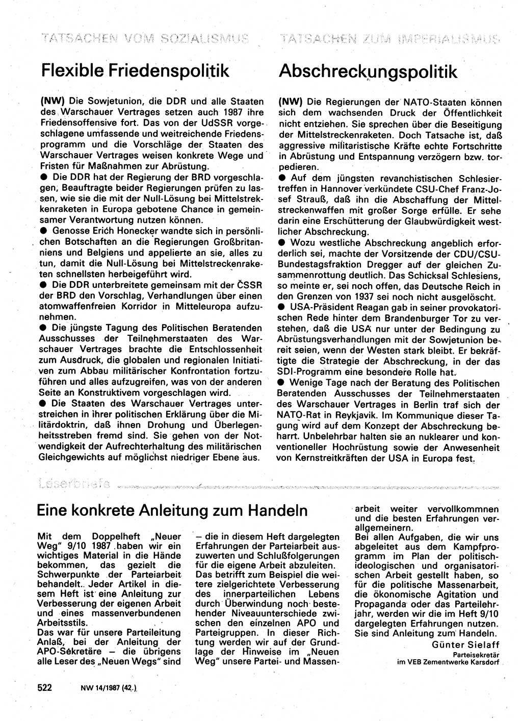 Neuer Weg (NW), Organ des Zentralkomitees (ZK) der SED (Sozialistische Einheitspartei Deutschlands) für Fragen des Parteilebens, 42. Jahrgang [Deutsche Demokratische Republik (DDR)] 1987, Seite 522 (NW ZK SED DDR 1987, S. 522)
