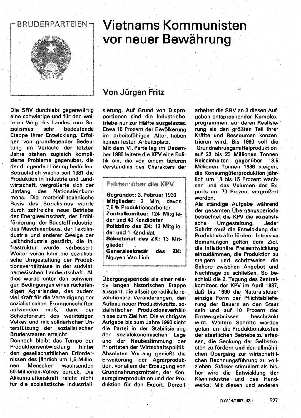 Neuer Weg (NW), Organ des Zentralkomitees (ZK) der SED (Sozialistische Einheitspartei Deutschlands) für Fragen des Parteilebens, 42. Jahrgang [Deutsche Demokratische Republik (DDR)] 1987, Seite 527 (NW ZK SED DDR 1987, S. 527)