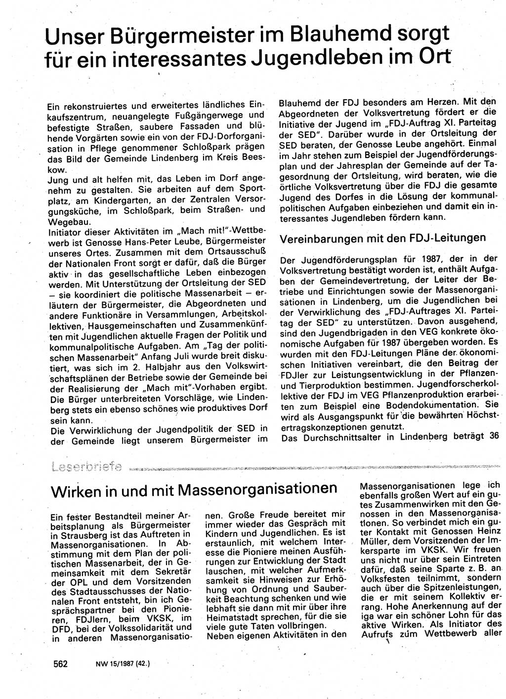 Neuer Weg (NW), Organ des Zentralkomitees (ZK) der SED (Sozialistische Einheitspartei Deutschlands) für Fragen des Parteilebens, 42. Jahrgang [Deutsche Demokratische Republik (DDR)] 1987, Seite 562 (NW ZK SED DDR 1987, S. 562)