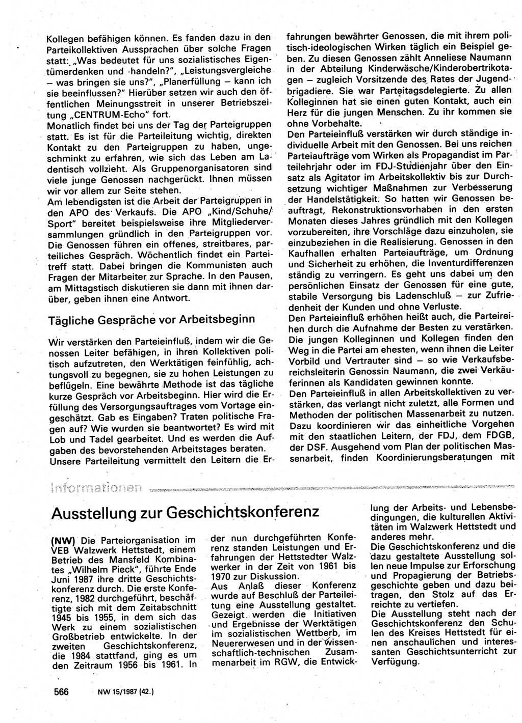 Neuer Weg (NW), Organ des Zentralkomitees (ZK) der SED (Sozialistische Einheitspartei Deutschlands) für Fragen des Parteilebens, 42. Jahrgang [Deutsche Demokratische Republik (DDR)] 1987, Seite 566 (NW ZK SED DDR 1987, S. 566)